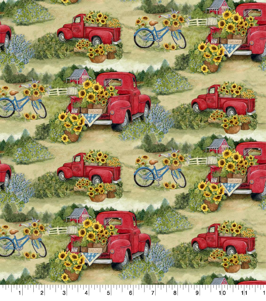 Susan Winget Red Truck & Bicycles Cotton Fabric